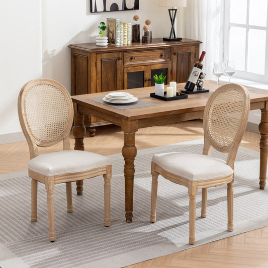 Dining Chair with Rattan Back and Seat Cushion, Set of 2