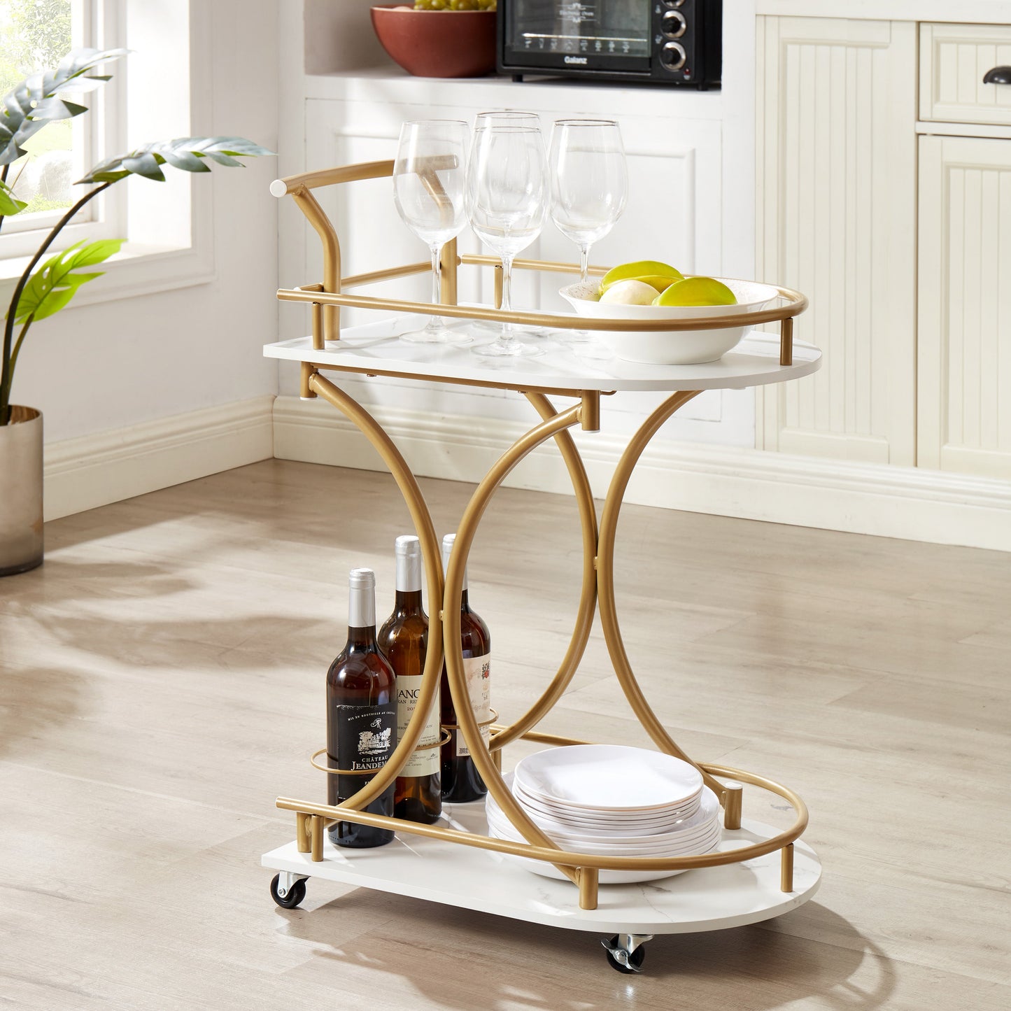 2-Tier Bar Cart with Curved Handles, Wheels and Wine Rack
