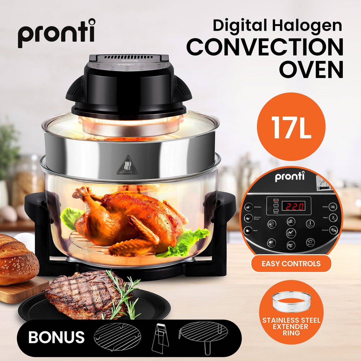 Pronti 17L Digital Convection Oven Broiler Cooker (Black)