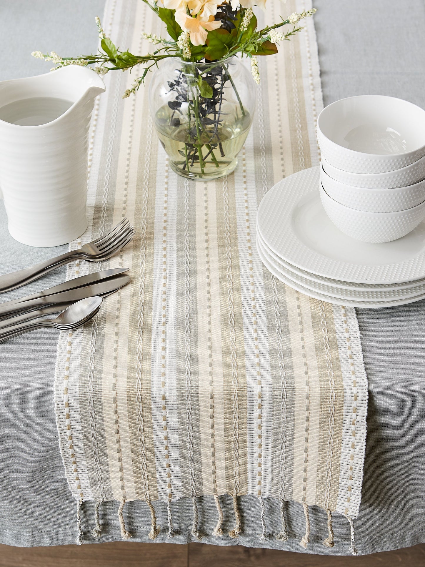 Natural Tonal Stripe With Fringe Table Runner 14X72