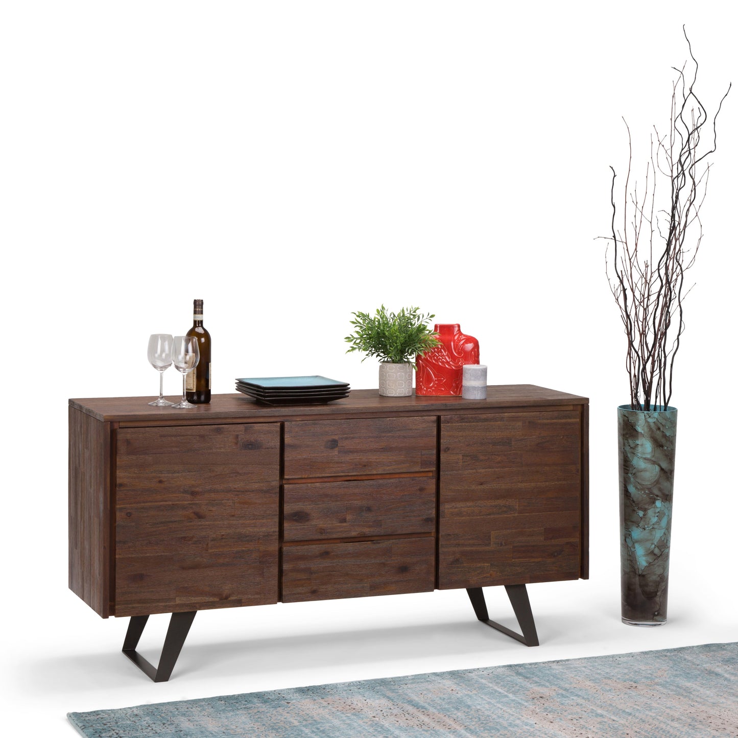 Peak 2-Door Buffet Cabinet with 3 Drawers and Metal Angled Legs