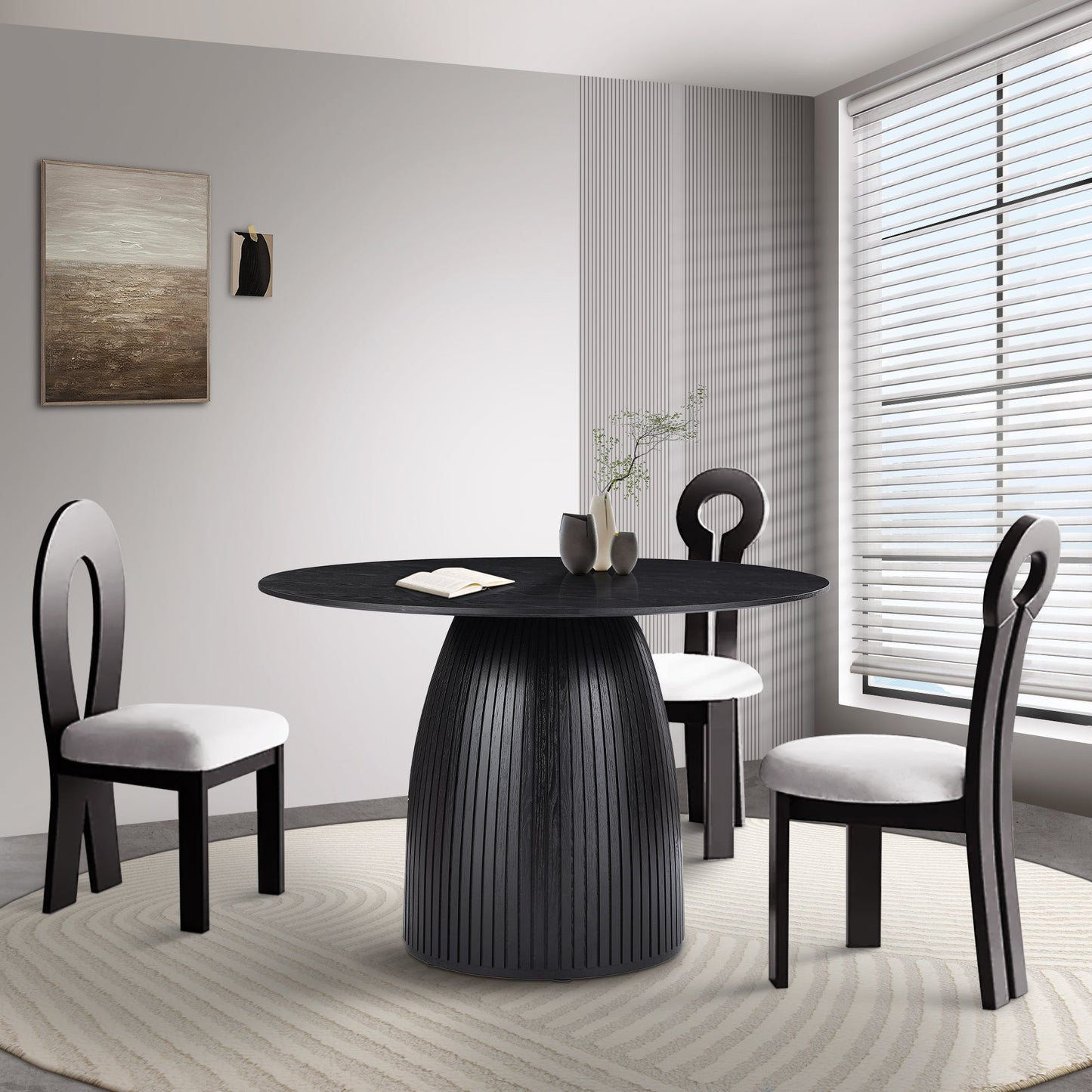 47.24" Round Dining Table with Wood Frame and Wave Pattern Base