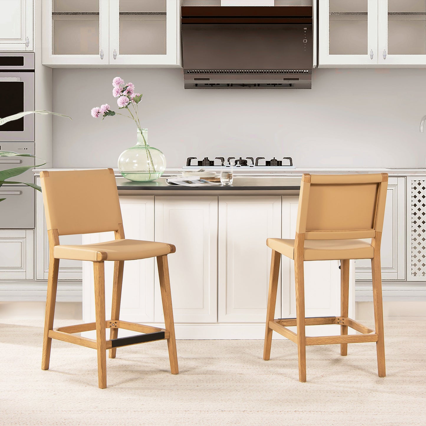 Counter Stool with Wood Frame, Open Back and Footrest