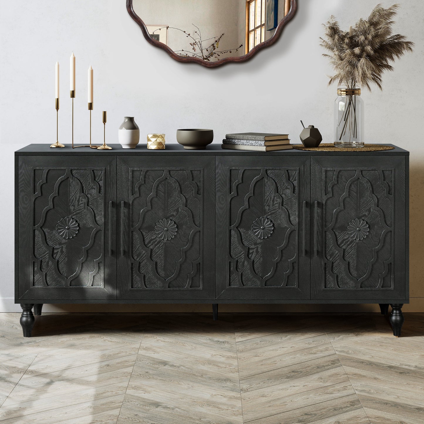 Bespokee Carved Flower Door Large Storage Cabinet With Metal Handle