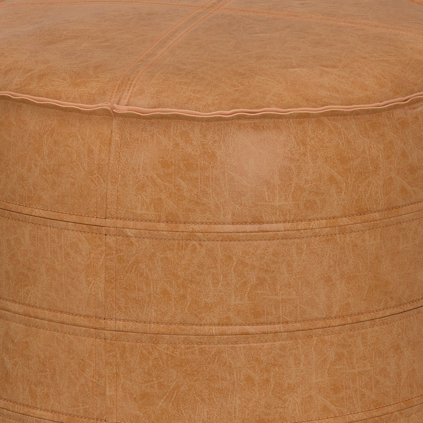 Resonance Faux Leather Round Pouf with Top Stitching Detail and Zipper