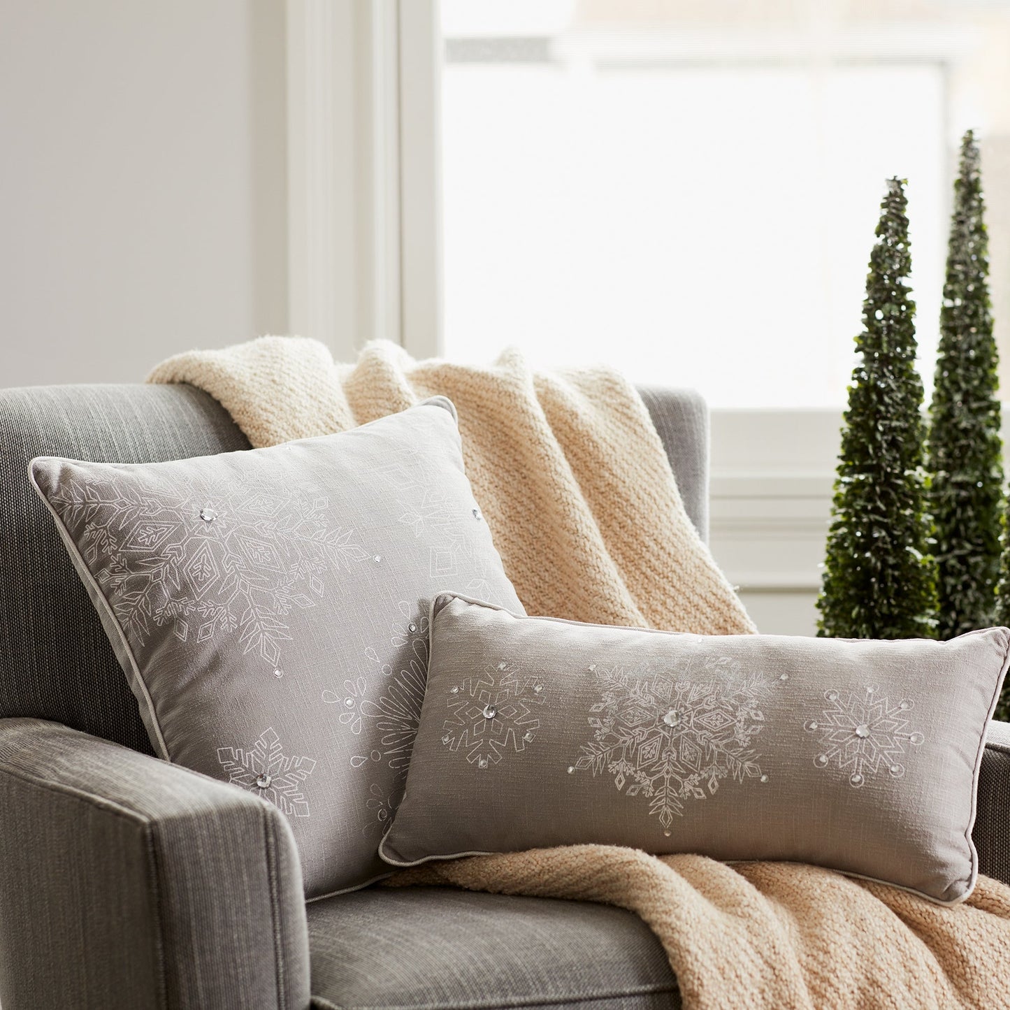 Bead Embroidered Snowflake Pillow, Set of 2