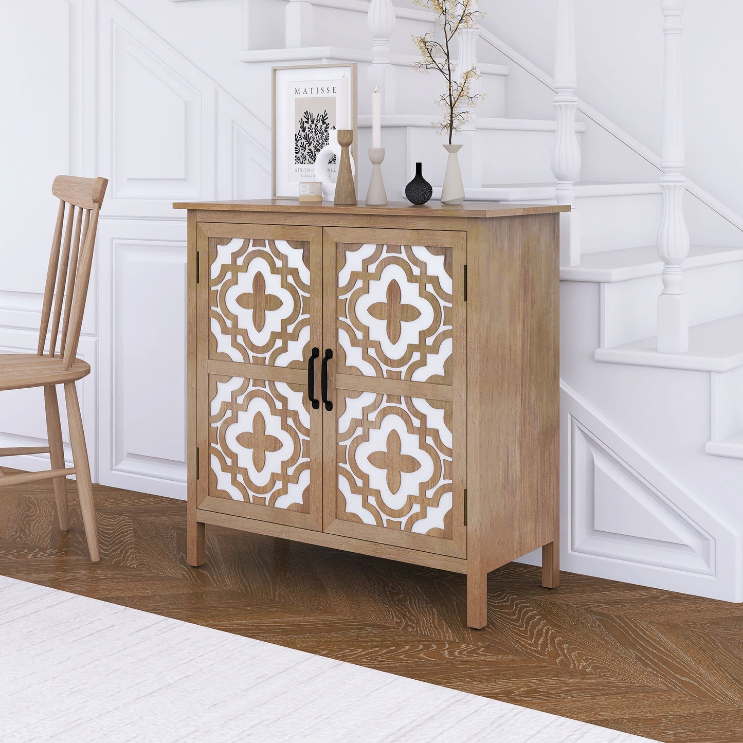 Hand-Carved 2 Doors Accent Cabinet with Shelves and Metal Handle