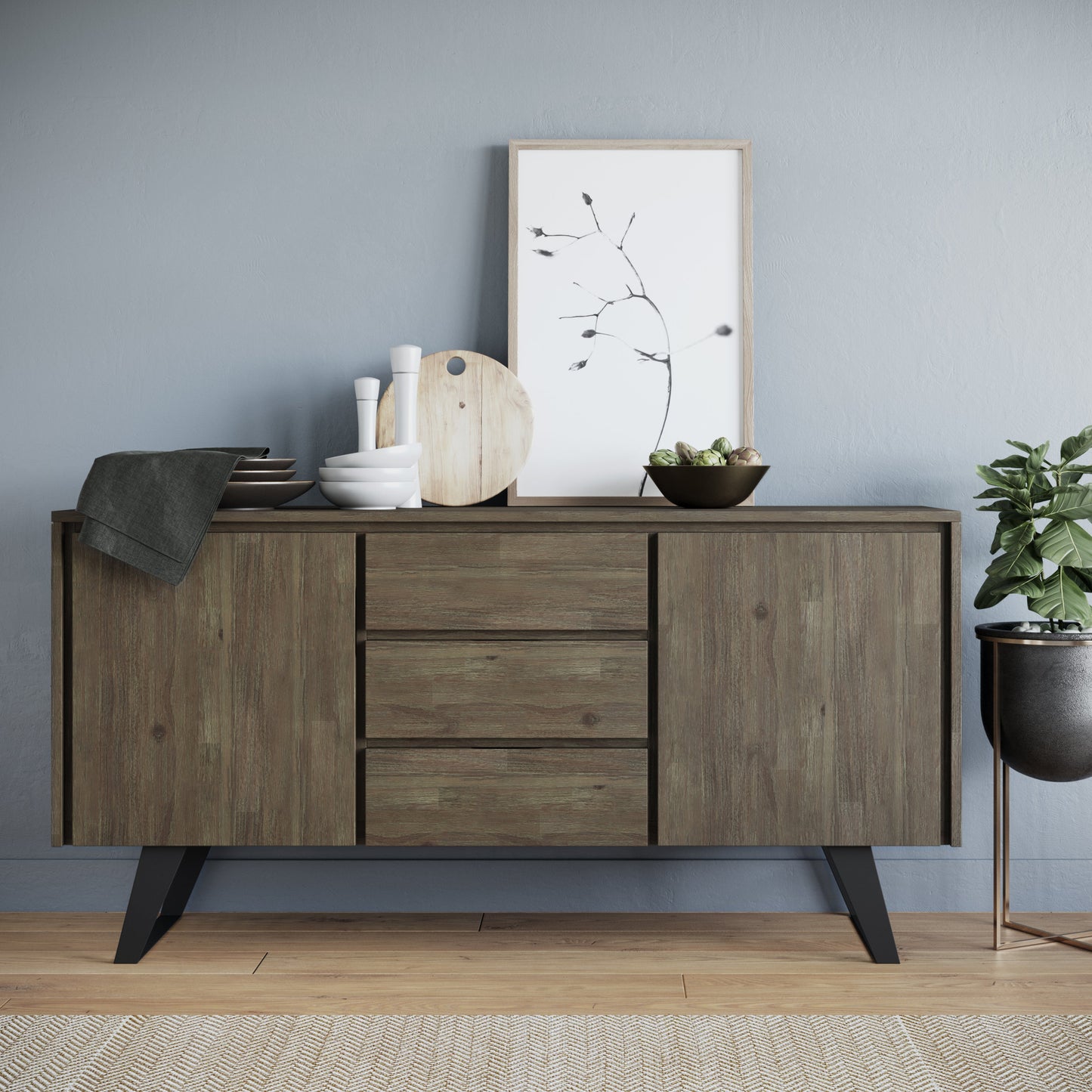 Peak 2-Door Buffet Cabinet with 3 Drawers and Metal Angled Legs