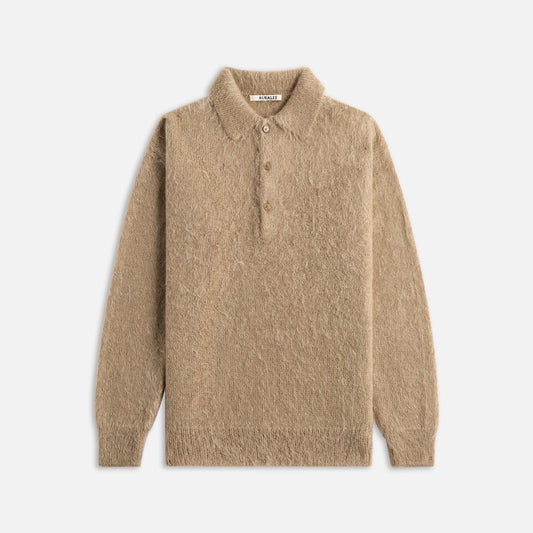 Auralee Brushed Super Kid Mohair Knit Polo - Gray Beige