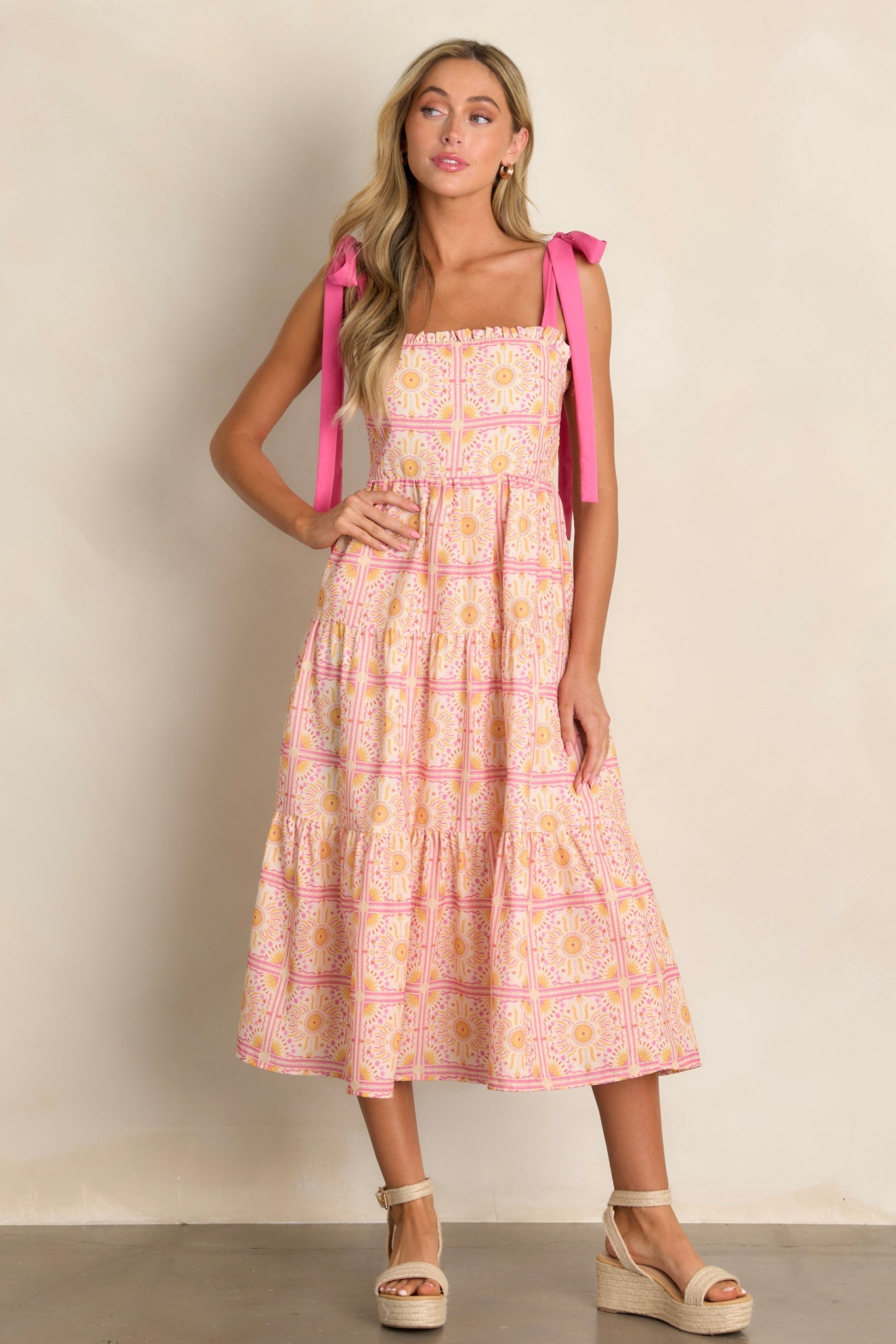 Next To You Pink Multi Print Tiered Midi Dress