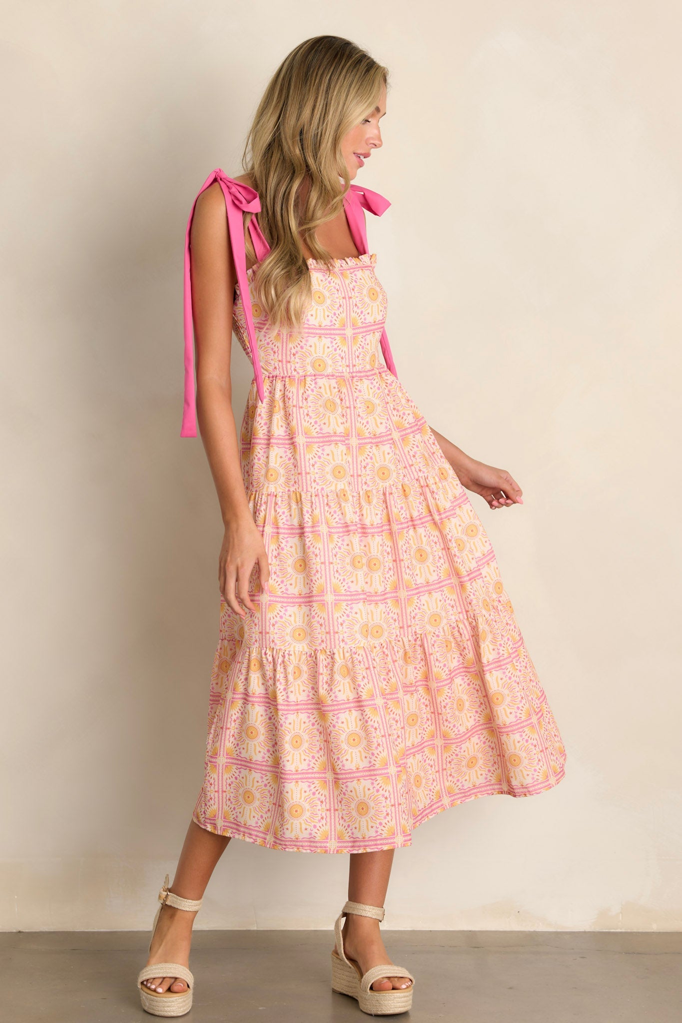 Next To You Pink Multi Print Tiered Midi Dress