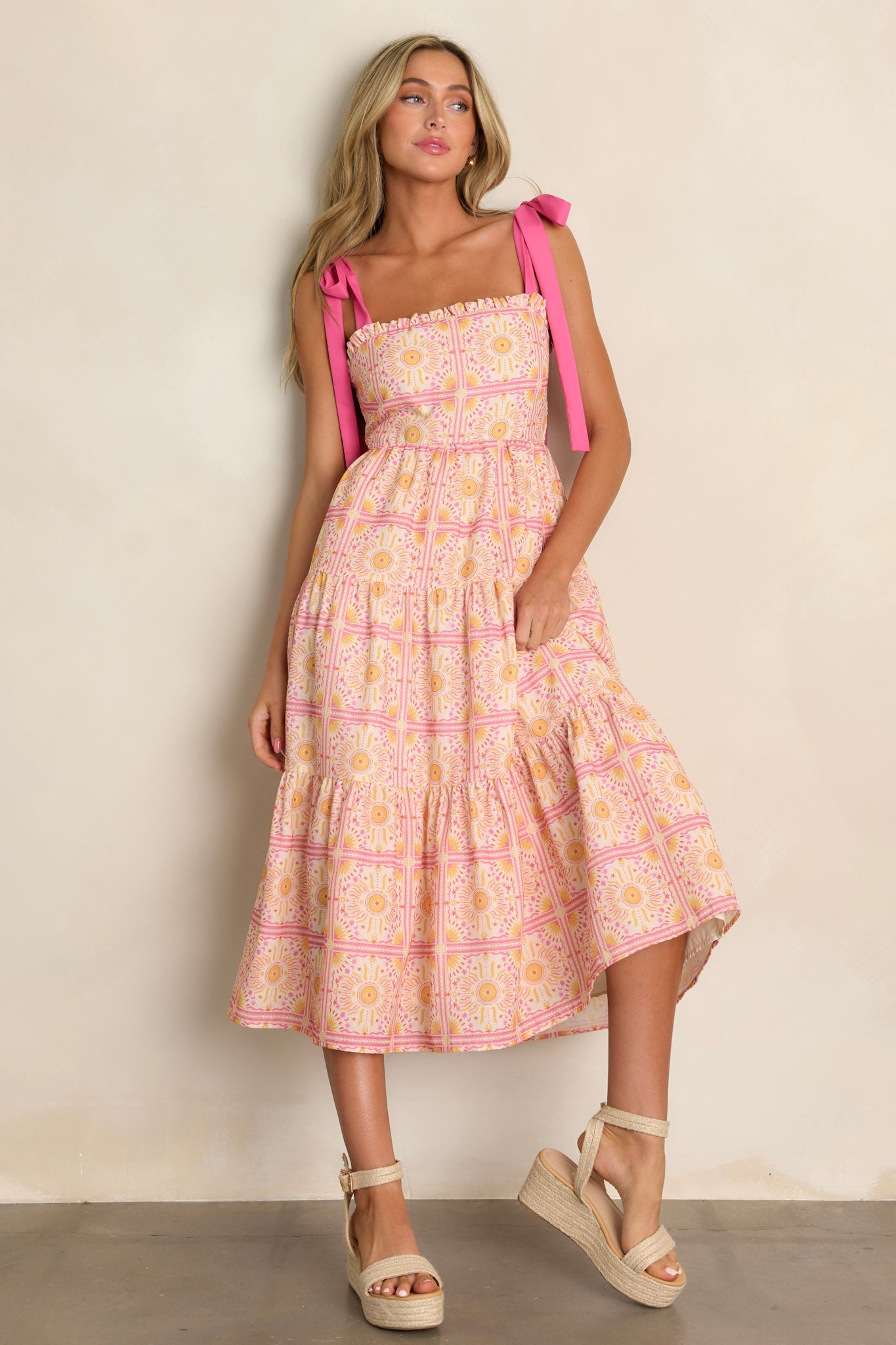 Next To You Pink Multi Print Tiered Midi Dress