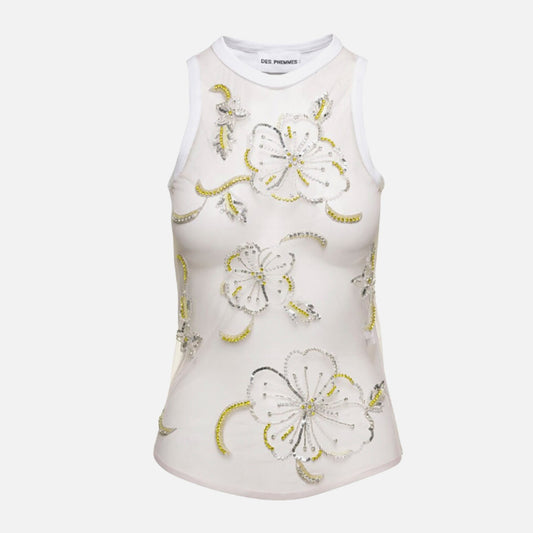 Des Phemmes Hibiscus Embroidered Tank Top - Lime
