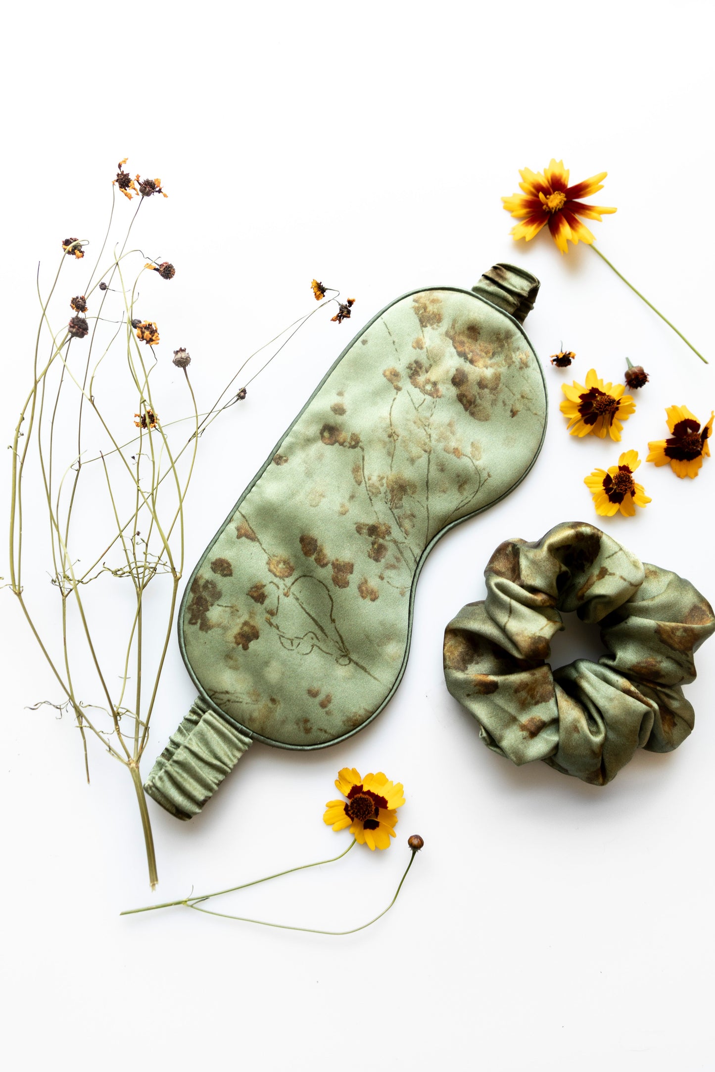 Botanical Print • Silk Sleep Eye Mask + Hair Scrunchie Set / Coreopsis Sage