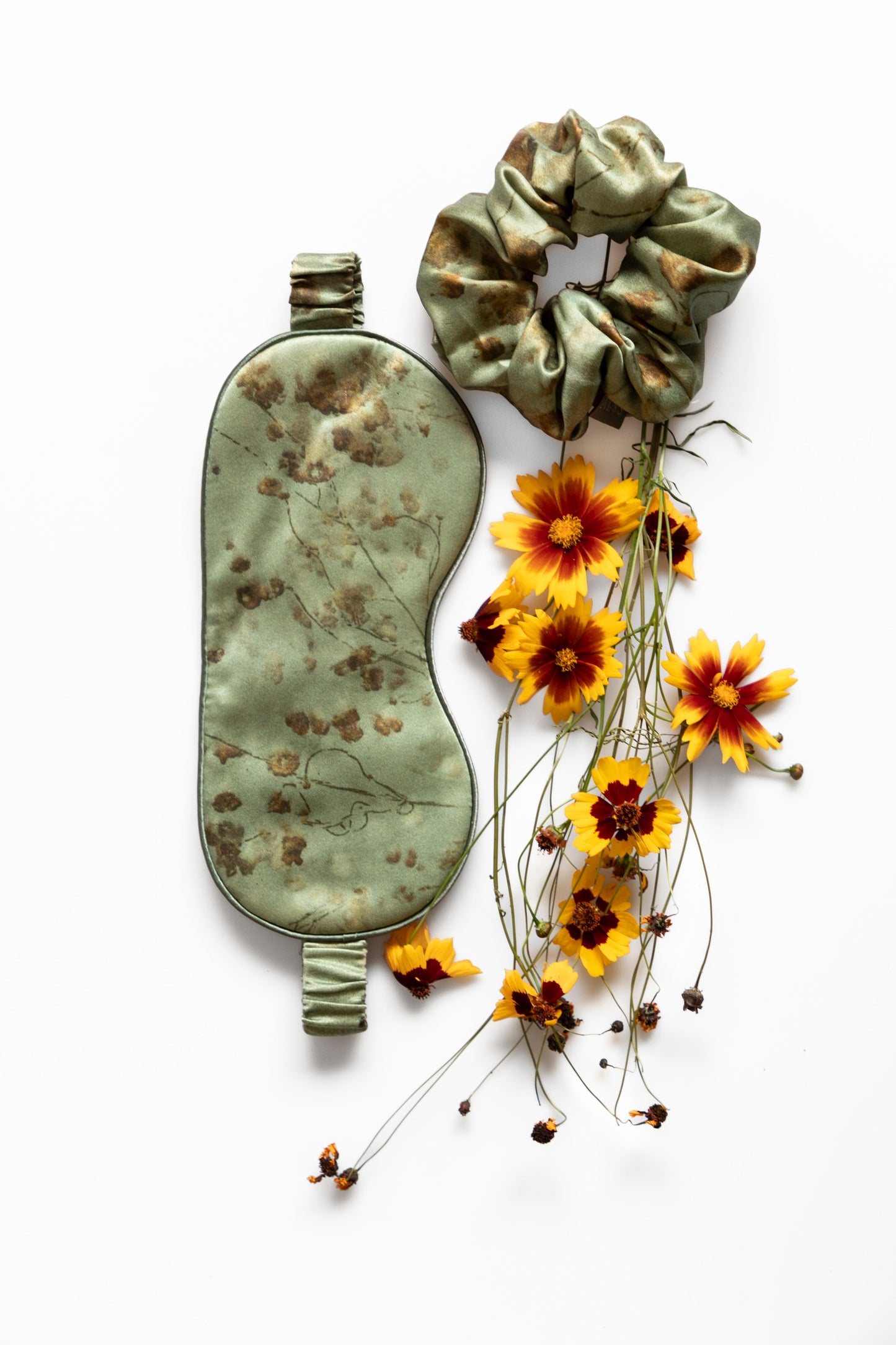 Botanical Print • Silk Sleep Eye Mask + Hair Scrunchie Set / Coreopsis Sage