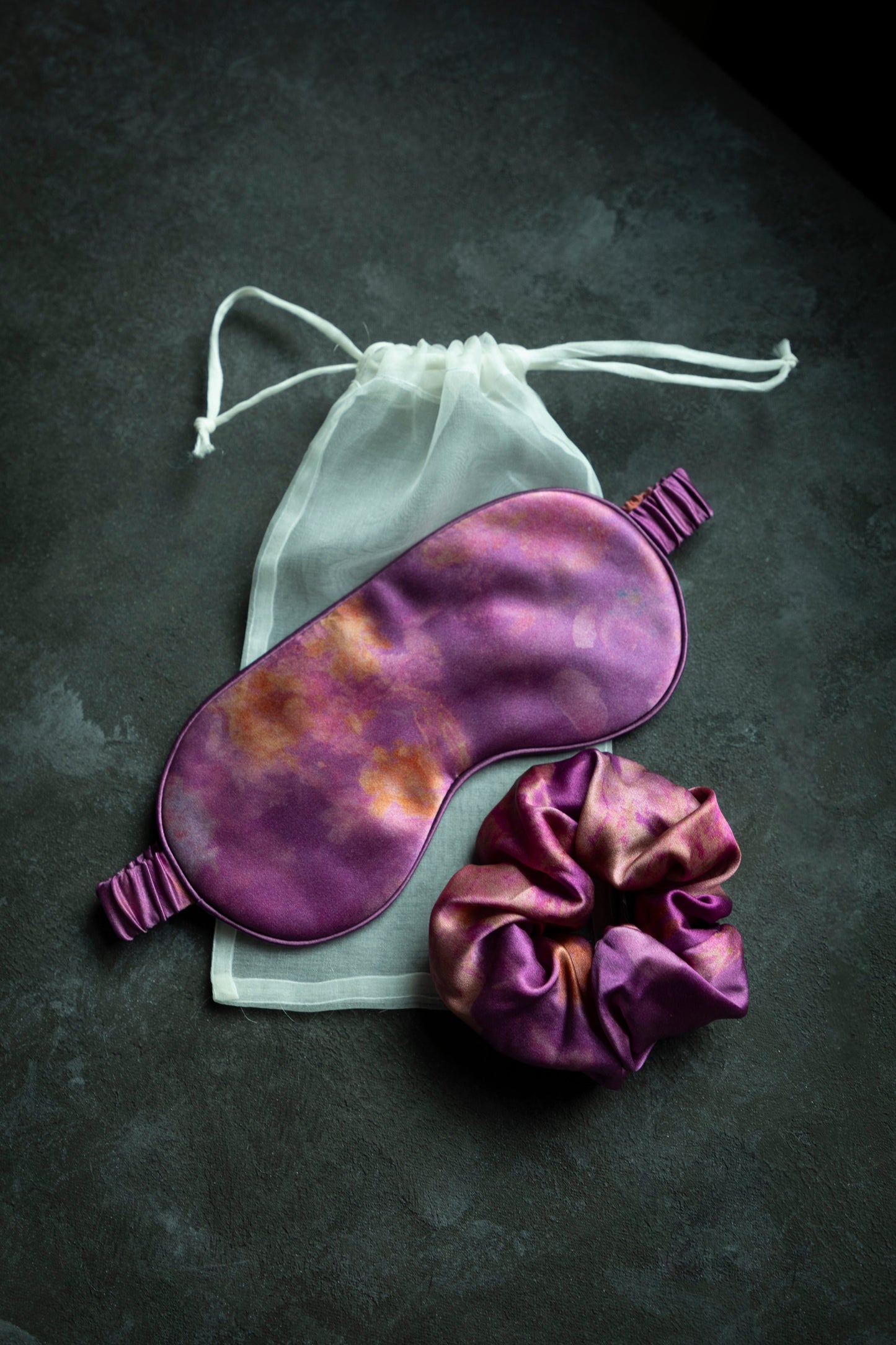 Botanical Print • Silk Sleep Eye Mask + Hair Scrunchie Set / Hot Peony