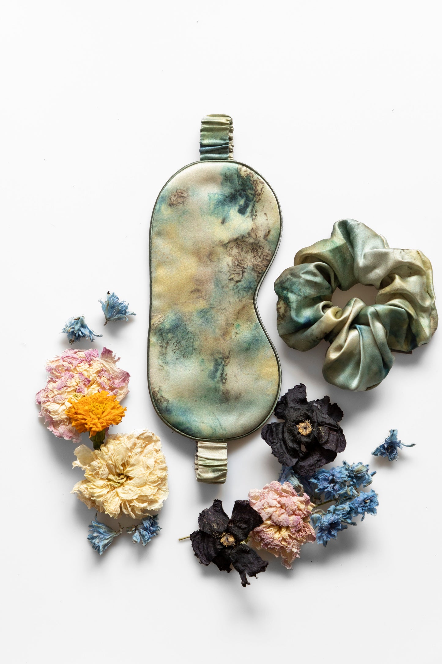 Botanical Print • Silk Sleep Eye Mask + Hair Scrunchie Set / Seascape