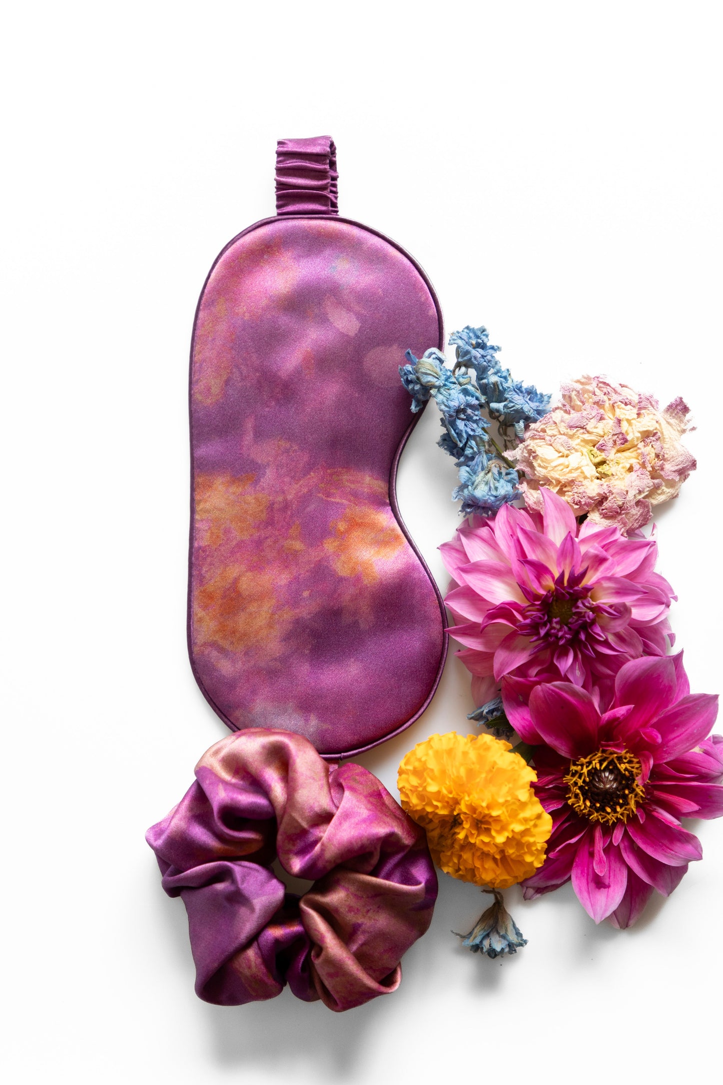 Botanical Print • Silk Sleep Eye Mask + Hair Scrunchie Set / Hot Peony