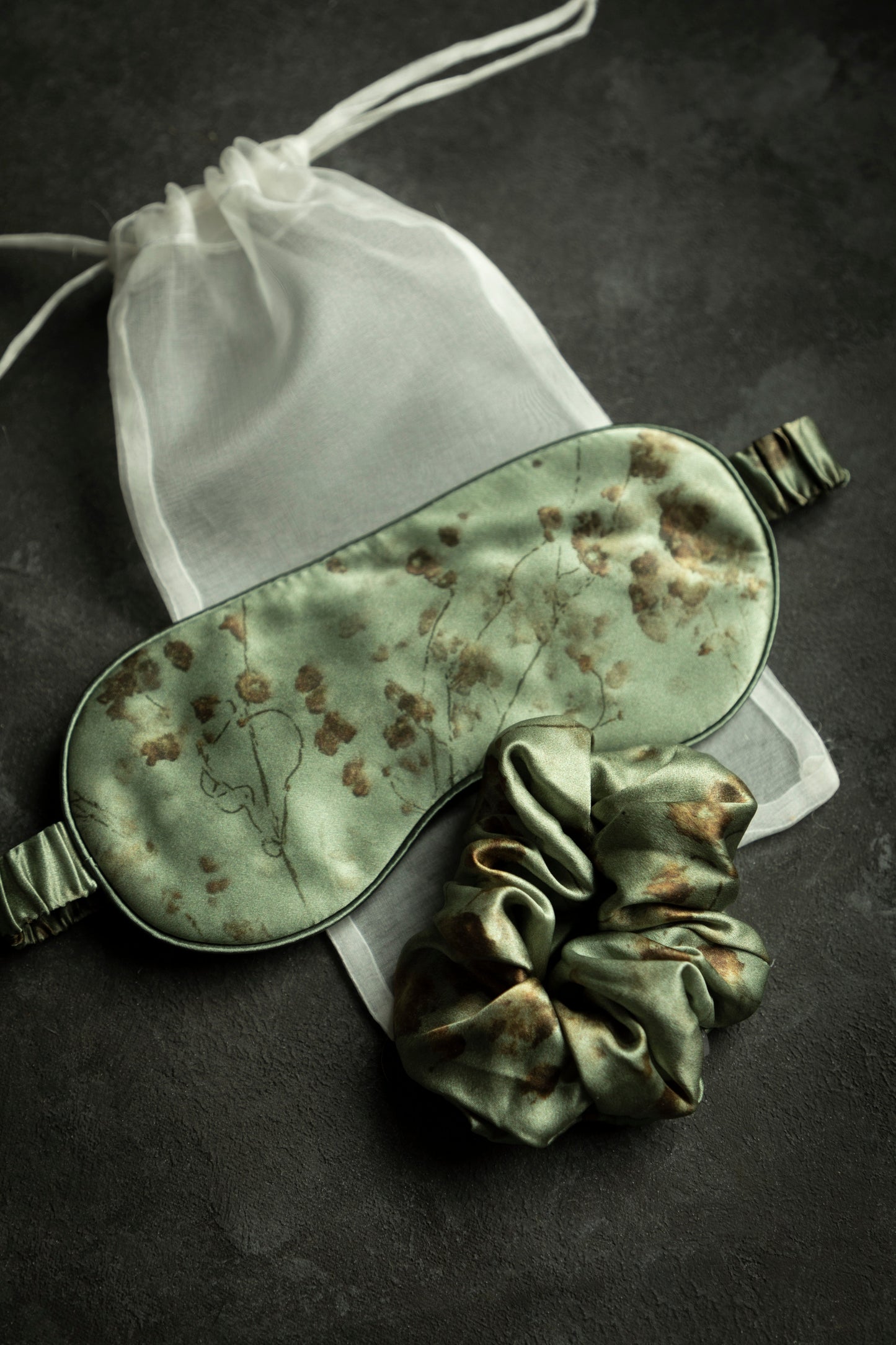 Botanical Print • Silk Sleep Eye Mask + Hair Scrunchie Set / Coreopsis Sage