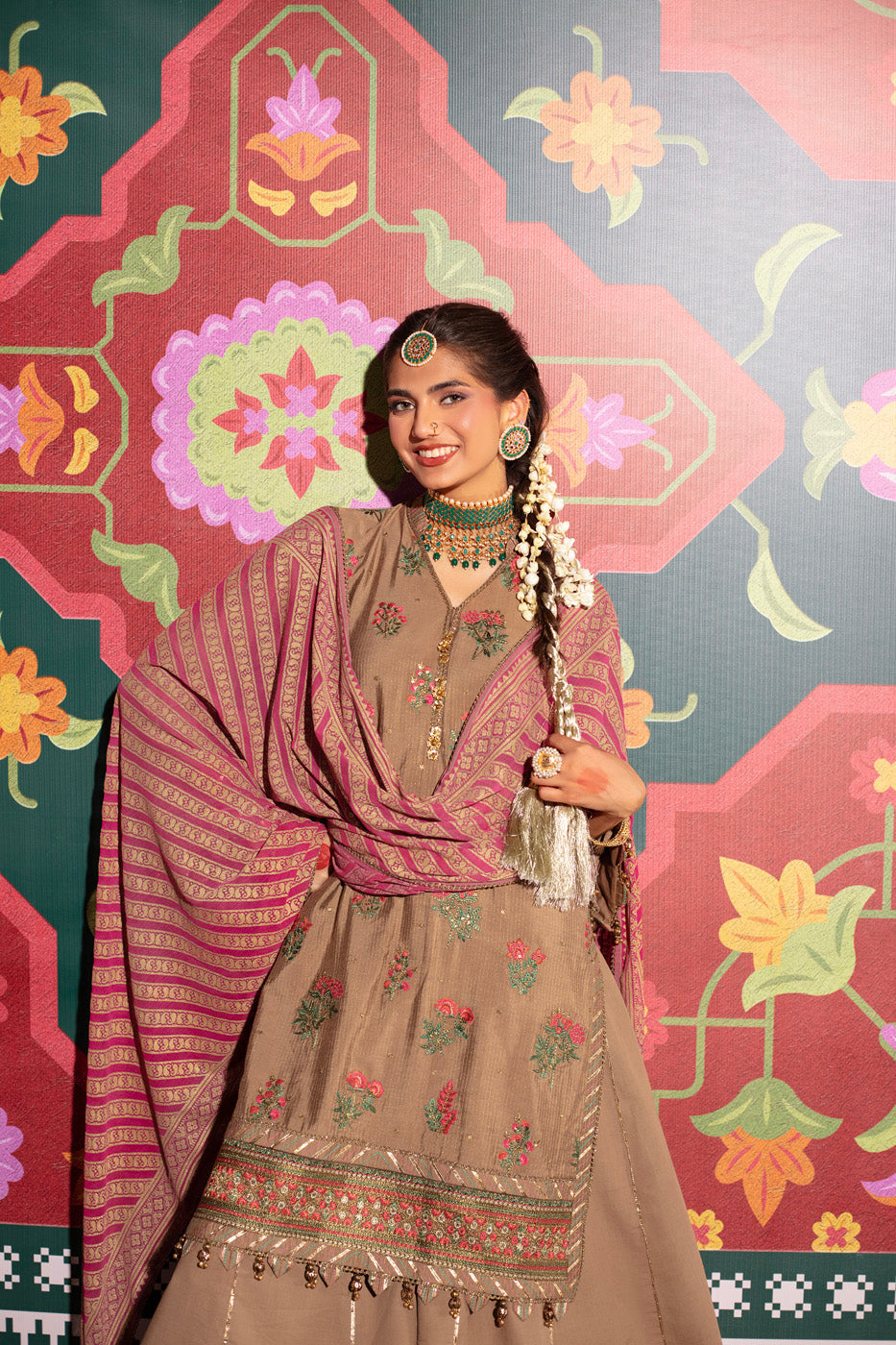Three Piece Embroidered Zari Line Shirt with Poly Chiffon Dupatta