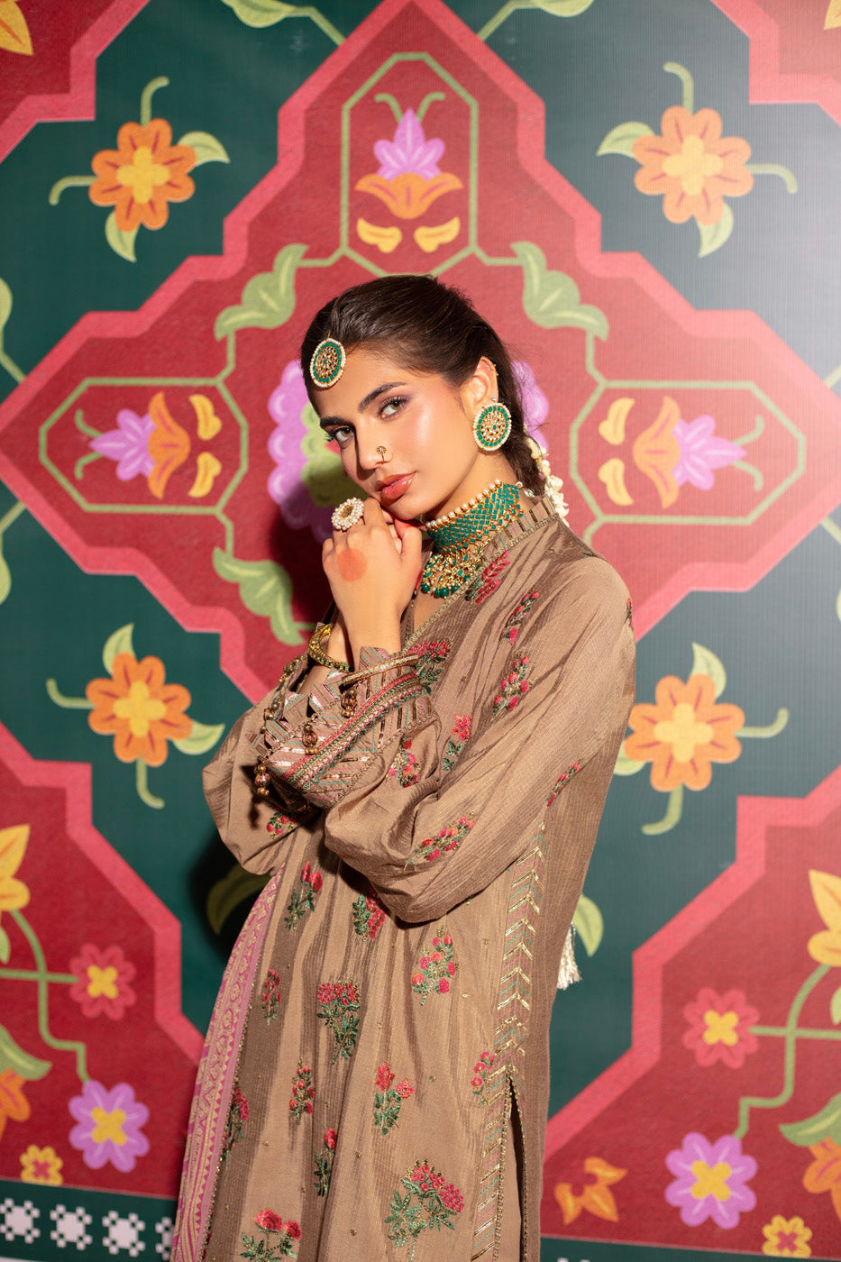 Three Piece Embroidered Zari Line Shirt with Poly Chiffon Dupatta