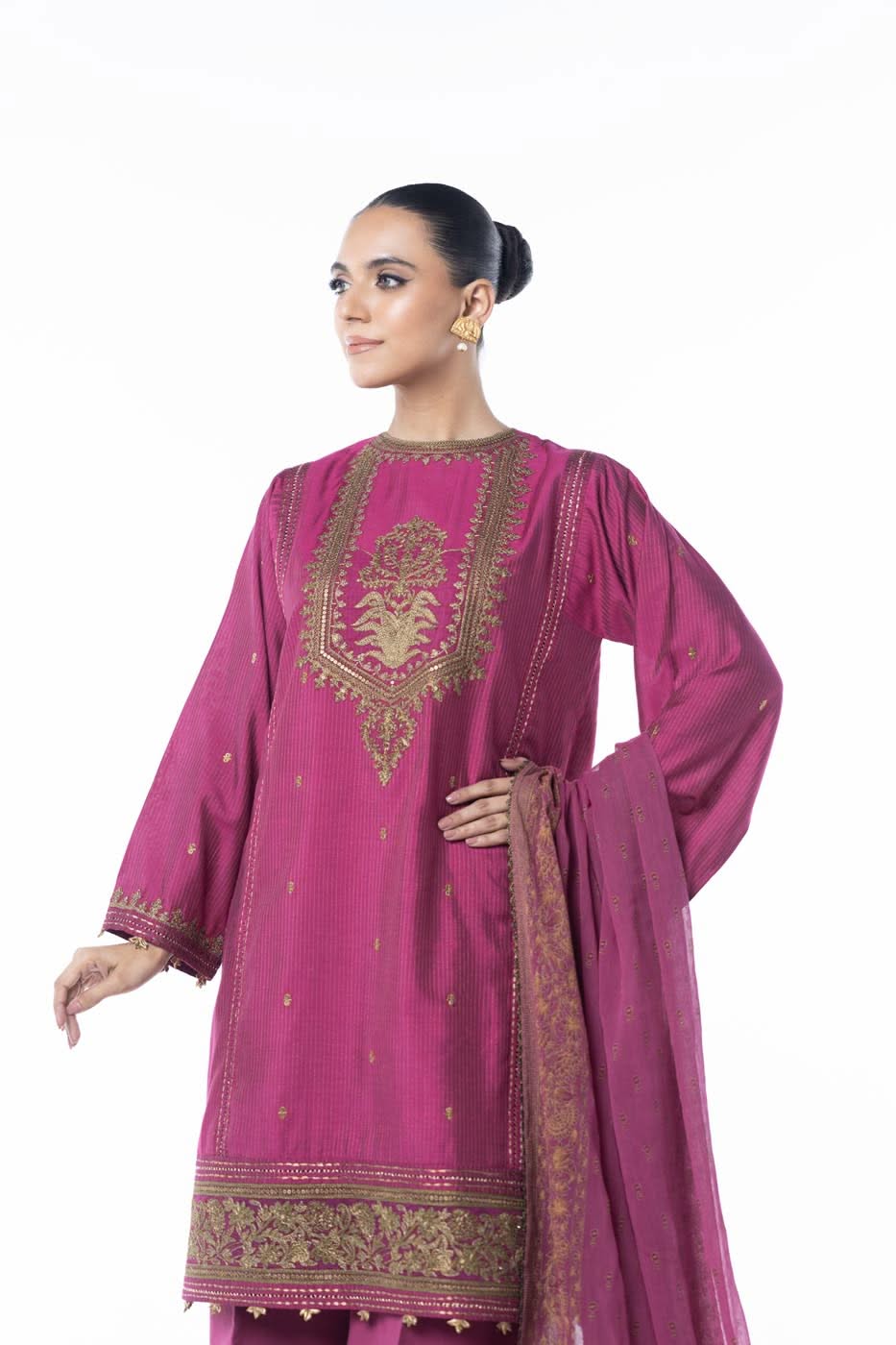 Three Piece Embroidered Zari Line Shirt with Poly Chiffon Dupatta