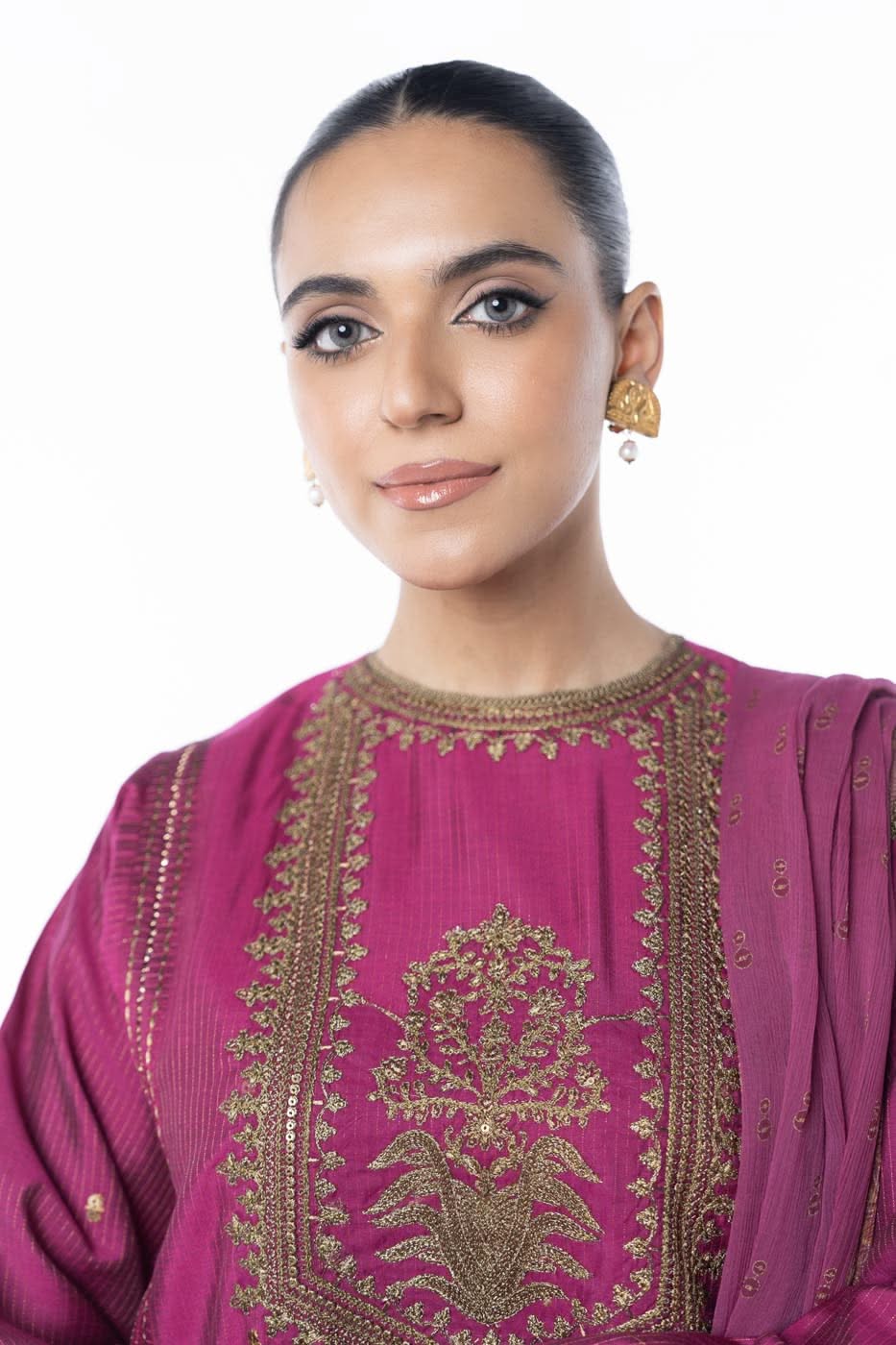 Three Piece Embroidered Zari Line Shirt with Poly Chiffon Dupatta