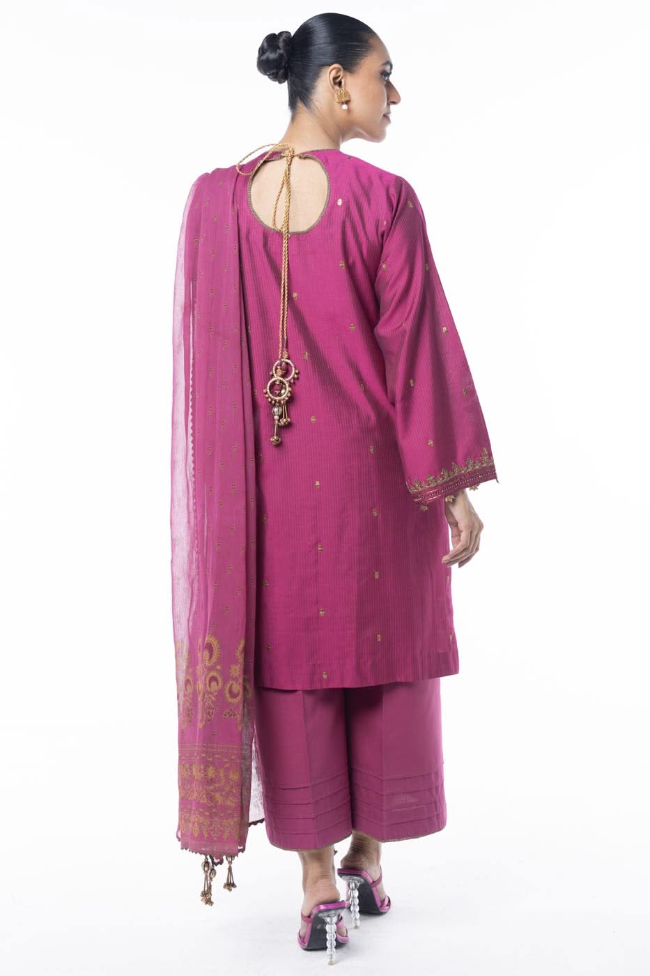 Three Piece Embroidered Zari Line Shirt with Poly Chiffon Dupatta