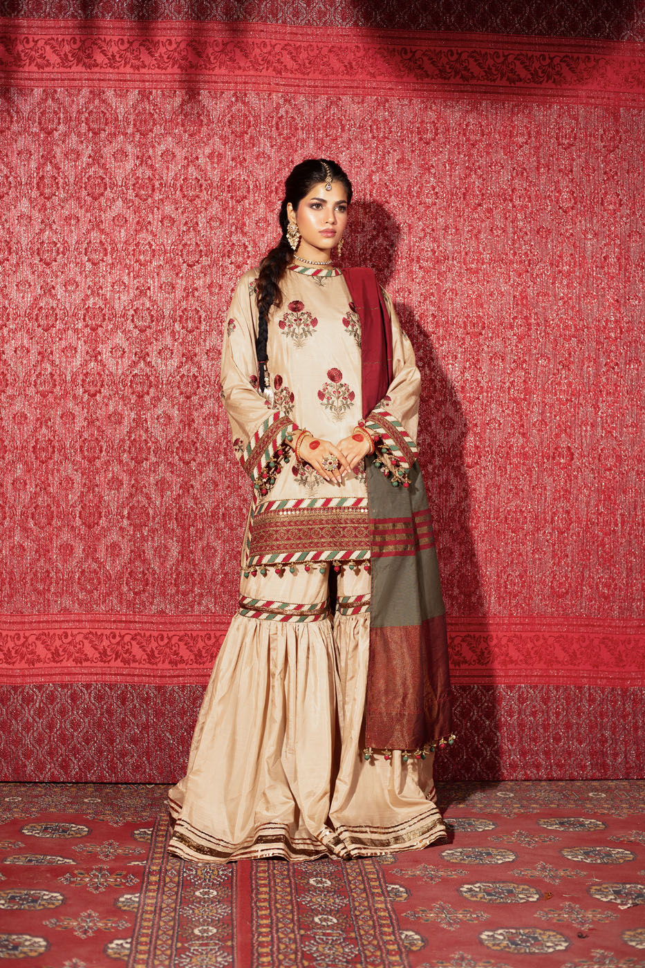 Three Piece Embroidered Raw Silk Slub Shirt with Yarn Dyed Dupatta