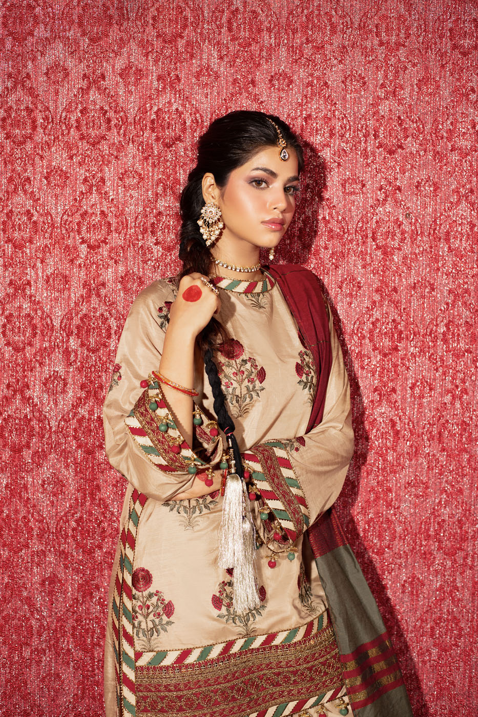 Three Piece Embroidered Raw Silk Slub Shirt with Yarn Dyed Dupatta