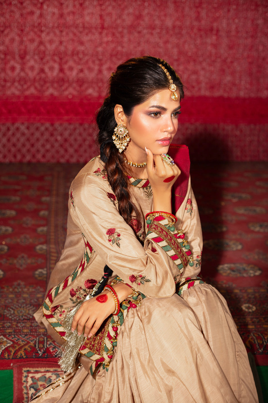 Three Piece Embroidered Raw Silk Slub Shirt with Yarn Dyed Dupatta