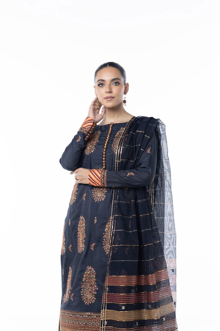 Three Piece Embroidered Raw Silk Slub Shirt with Yarn Dyed Dupatta