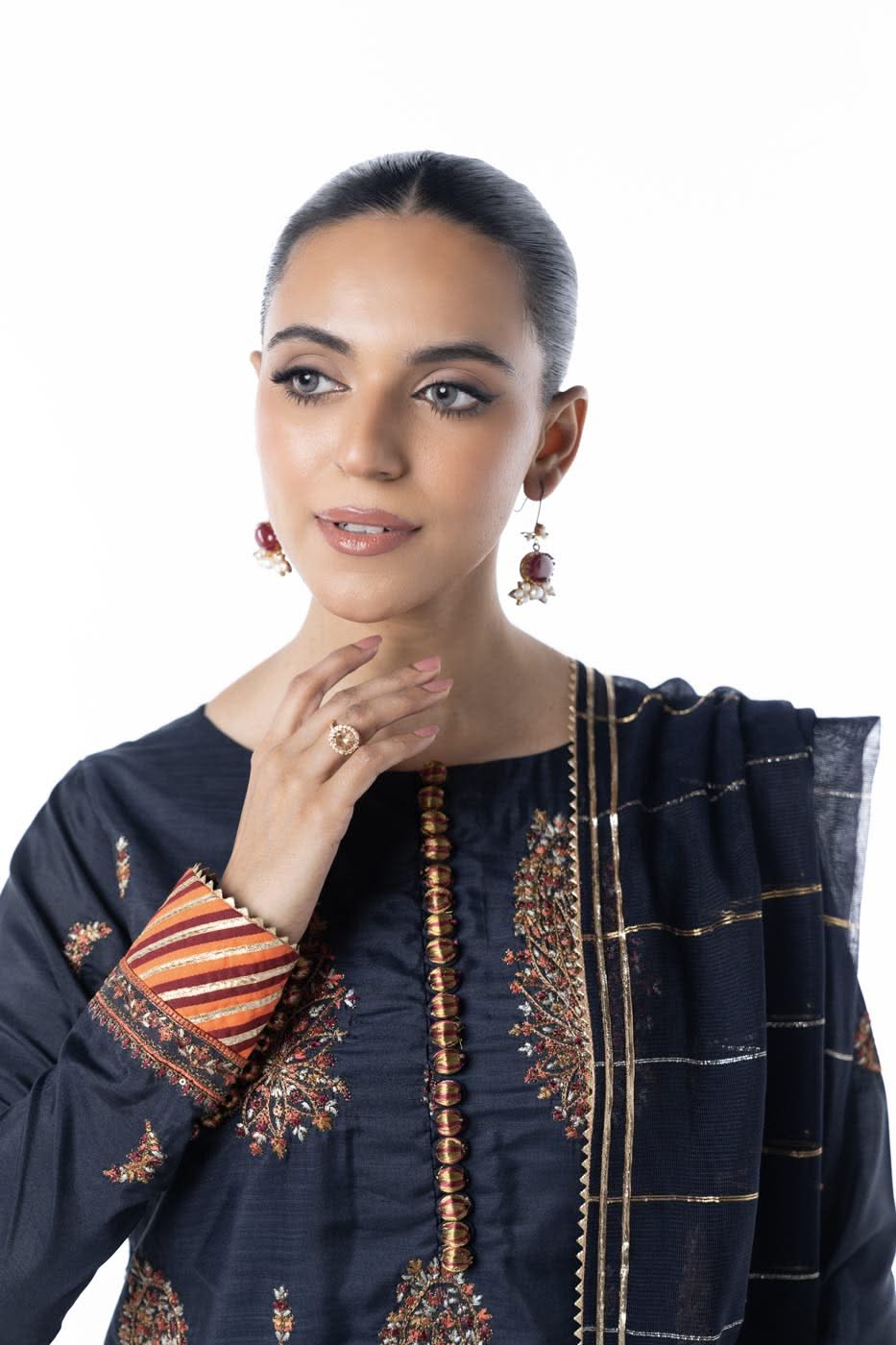 Three Piece Embroidered Raw Silk Slub Shirt with Yarn Dyed Dupatta