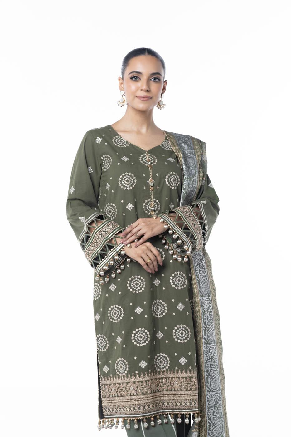 Three Piece Embroidered Thick Cambric Shirt with Block Print Dupatta