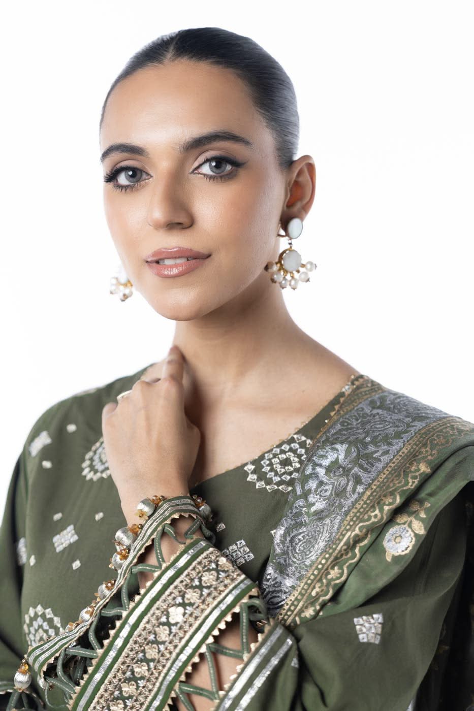 Three Piece Embroidered Thick Cambric Shirt with Block Print Dupatta