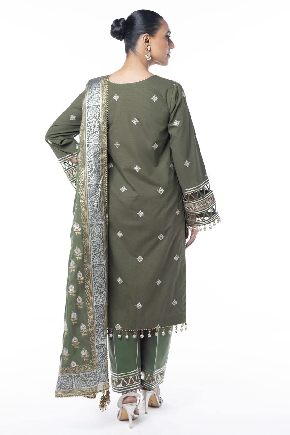 Three Piece Embroidered Thick Cambric Shirt with Block Print Dupatta