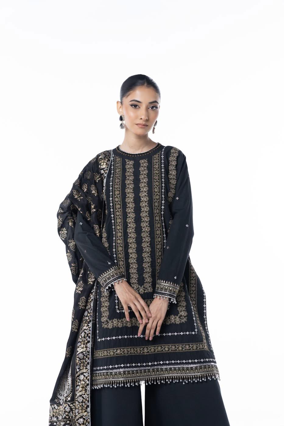 Three Piece Embroidered Thick Cambric Shirt with Block Print Dupatta