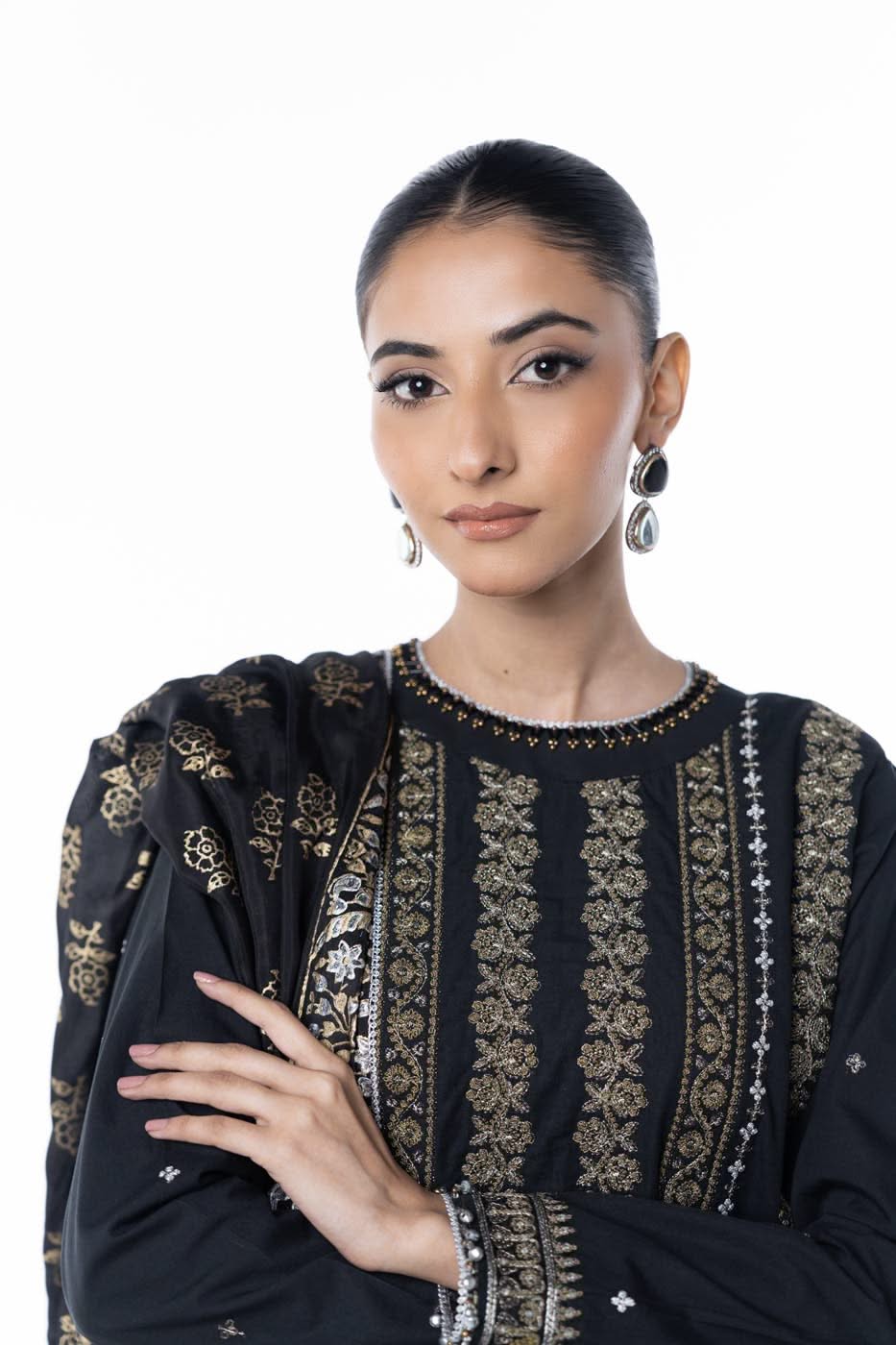 Three Piece Embroidered Thick Cambric Shirt with Block Print Dupatta