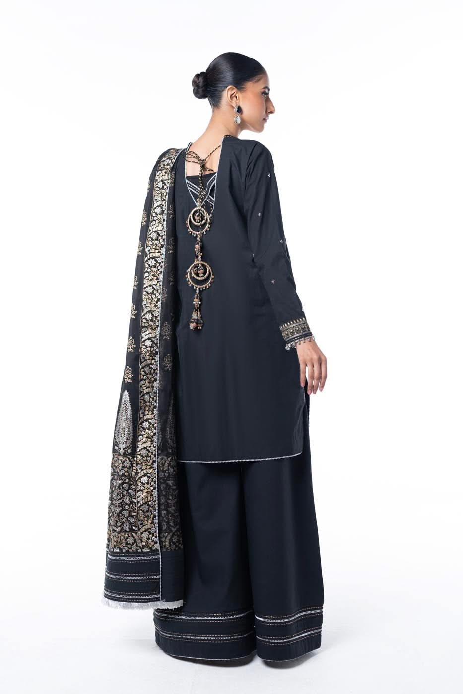 Three Piece Embroidered Thick Cambric Shirt with Block Print Dupatta
