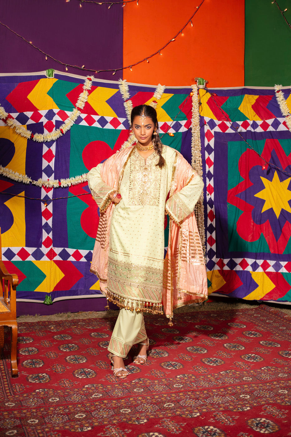 Three Piece Embroidered Jacquard Lurex Shirt with Zari Jacquard Dupatta