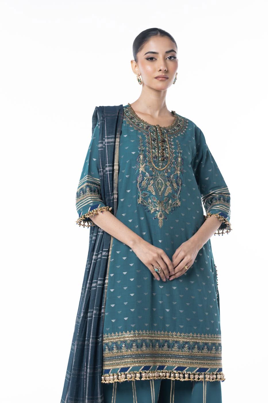 Three Piece Embroidered Jacquard Lurex Shirt with Zari Jacquard Dupatta
