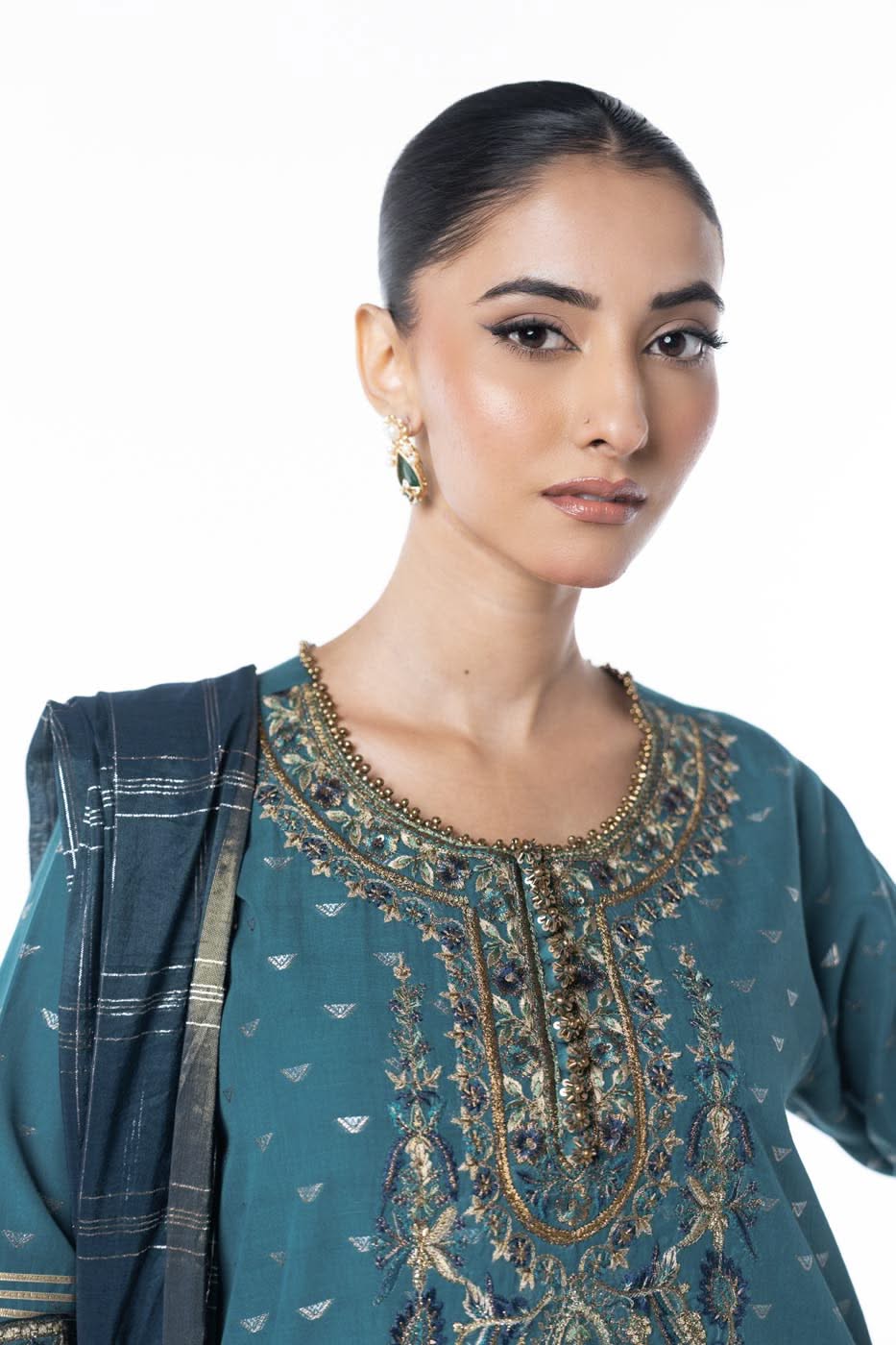 Three Piece Embroidered Jacquard Lurex Shirt with Zari Jacquard Dupatta