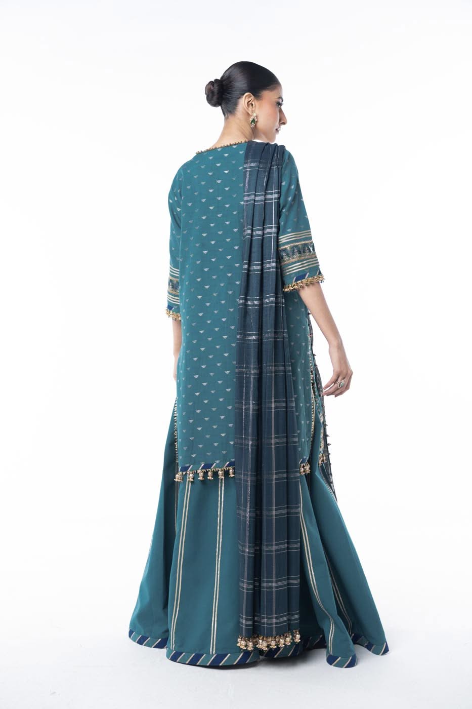 Three Piece Embroidered Jacquard Lurex Shirt with Zari Jacquard Dupatta