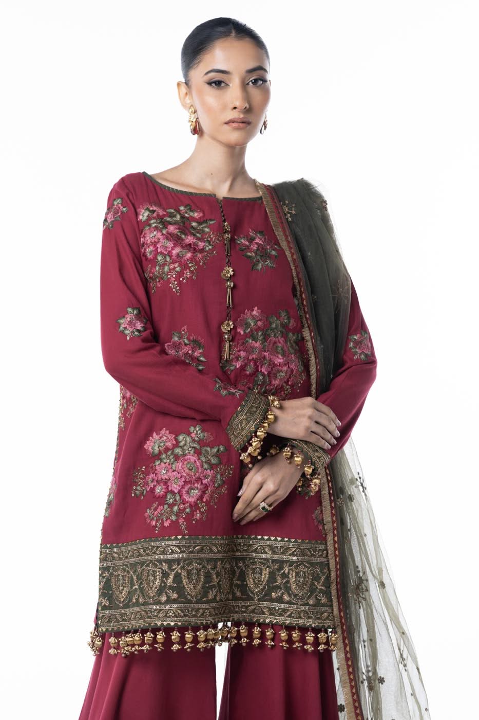 Three Piece Embroidered Cotton Satin Shirt with Dyed Polynet Dupatta