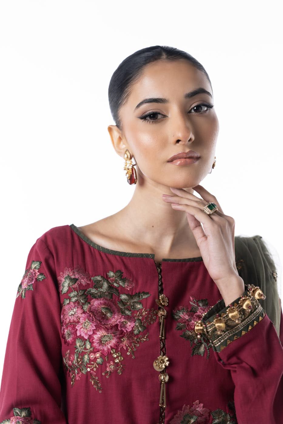 Three Piece Embroidered Cotton Satin Shirt with Dyed Polynet Dupatta