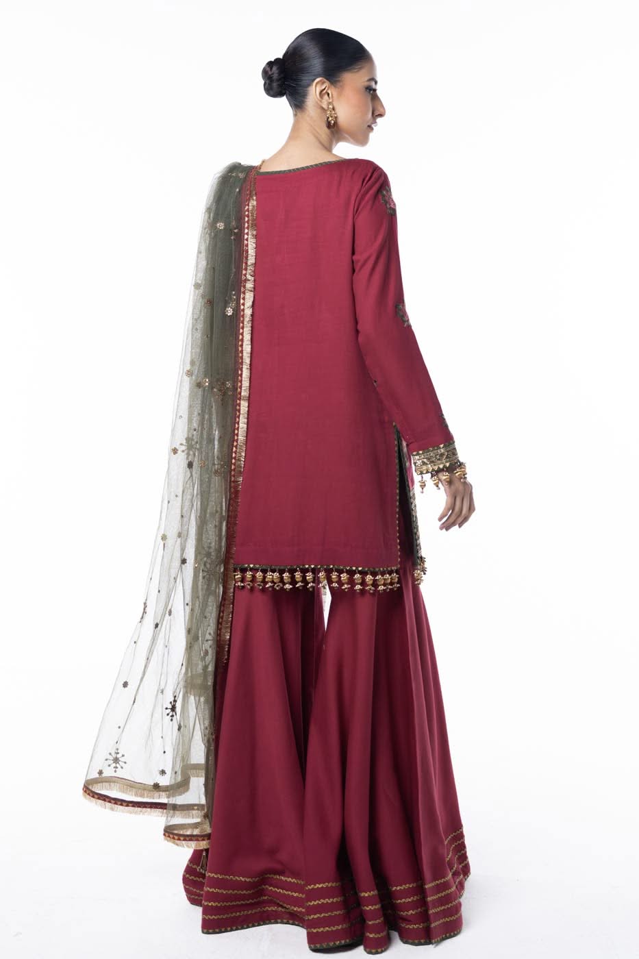 Three Piece Embroidered Cotton Satin Shirt with Dyed Polynet Dupatta