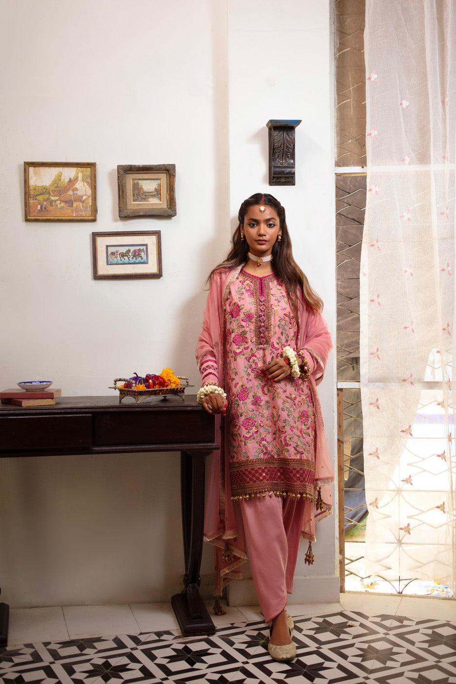 Three Piece Embroidered Cotton Satin Shirt with Dyed Polynet Dupatta