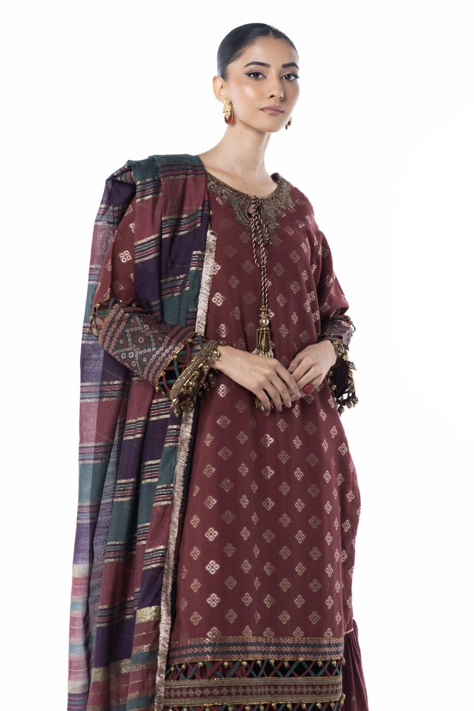 Three Piece Embroidered Jacquard Shirt with Yarn Dyed Dupatta