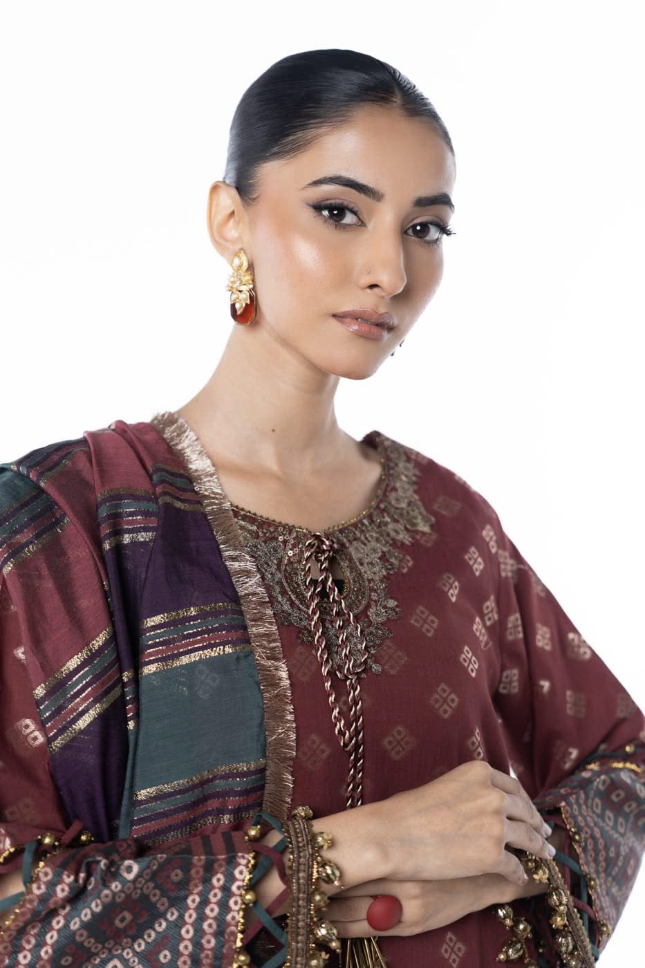 Three Piece Embroidered Jacquard Shirt with Yarn Dyed Dupatta