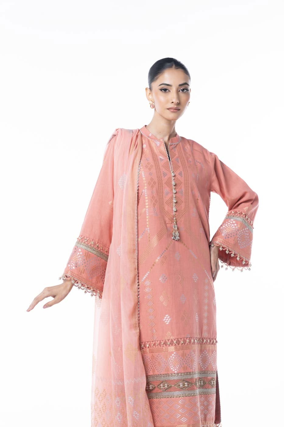 Three Piece Embroidered Jacquard Shirt with Printed Poly Chiffon Dupatta